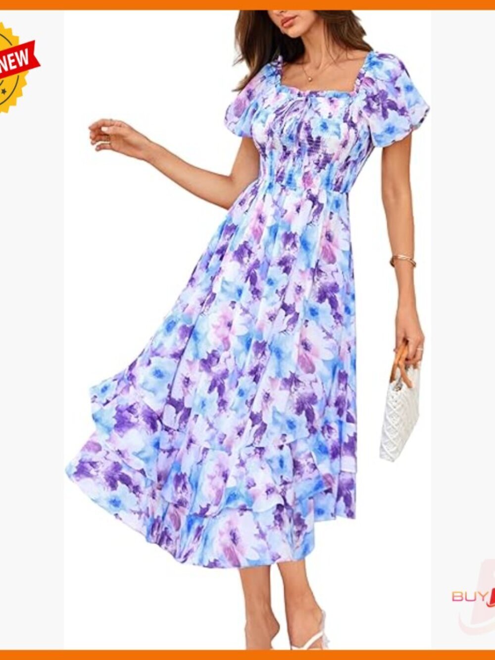 Flowy Maxi Dress with Pockets, Square Neck, Puff Sleeves, Wedding Guest